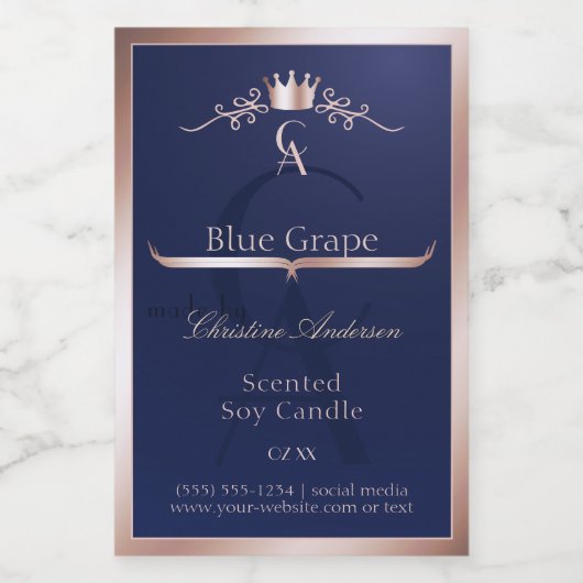 Étiquette Pour Bocaux Navy Blue Product Label Rose Gold Frame Monogram (Étiquettes simples)
