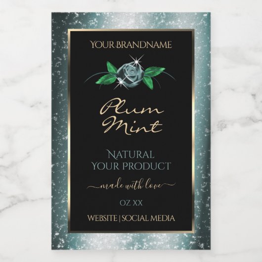 Étiquette Pour Bocaux Noir floral avec Parties scintillant Turquoise fon (Étiquettes simples)