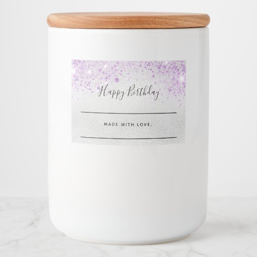 Étiquette Pour Bocaux Parties scintillant d'argent d'anniversaire violet (Devant)