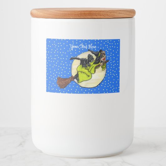 Étiquette Pour Bocaux Robe verte de sorcière mignonne sur Broom Cat Lune (Devant)