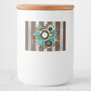 Étiquette Pour Bocaux Steampunk Clock and Turquoise Roses on Striped