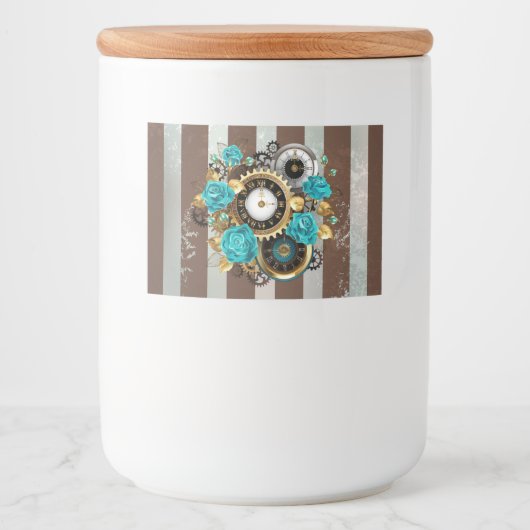 Étiquette Pour Bocaux Steampunk Clock and Turquoise Roses on Striped (Devant)