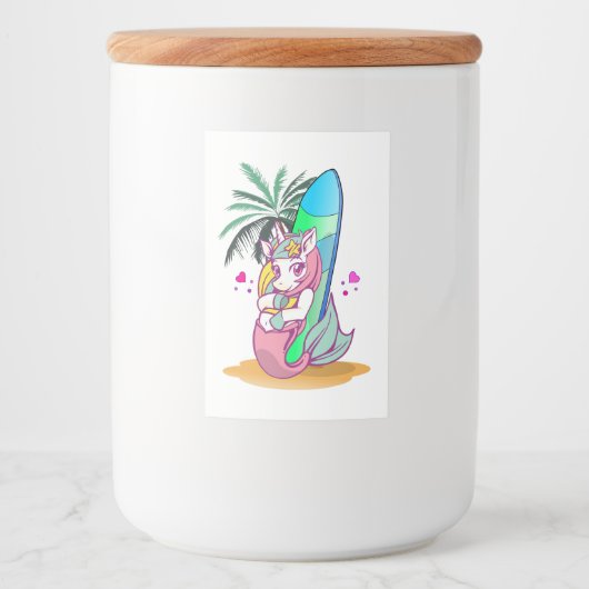 Étiquette Pour Bocaux Unicorne avec planche de surf sur la plage (Devant)