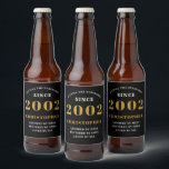Étiquette Pour Bouteilles De Bière 21st Birthday Born 2002 Ajouter Nom Black Gold<br><div class="desc">Anniversaire personnalisé ajoutez votre nom et étiquette de bière année. Modifiez le nom et l'année avec le modèle fourni. Un merveilleux accessoire de fête d'anniversaire personnalisé. Plus de cadeaux et de fournitures de fête disponibles avec le design "normes de fixation" dans le magasin.</div>