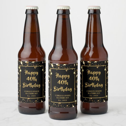 Étiquette Pour Bouteilles De Bière 40e anniversaire Brush Script Black Gold Stars (Bouteilles)