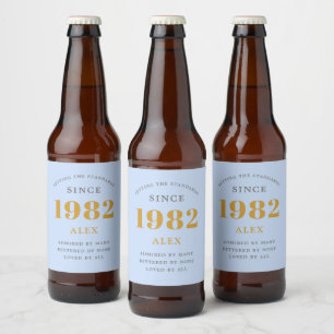 Étiquette Pour Bouteilles De Bière 40e anniversaire Nom 1982 Blue Grey Elegant Chic