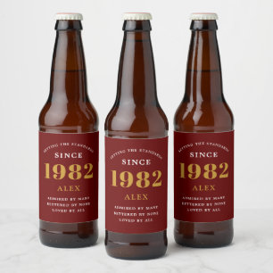 Étiquette Pour Bouteilles De Bière 40e anniversaire Nom 1982 Red Gold Elegant Chic