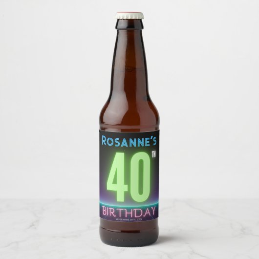 Étiquette Pour Bouteilles De Bière 40e fête d'anniversaire 80s Retro Neon Connexion p (Devant)