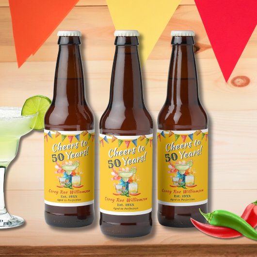 Étiquette Pour Bouteilles De Bière 50e anniversaire Salutations à 50 ans Fiesta Thème