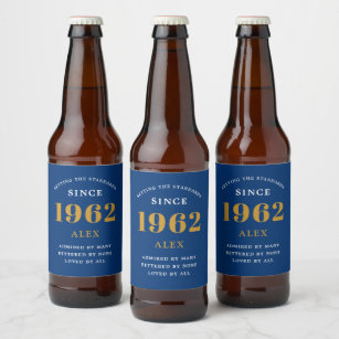 Étiquette Pour Bouteilles De Bière 60e anniversaire Nom 1962 Blue Gold Elegant Chic
