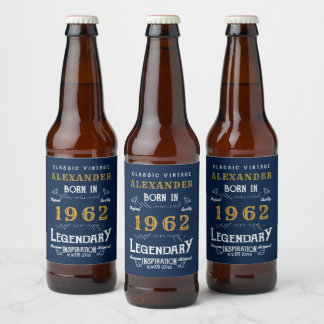 Étiquette Pour Bouteilles De Bière 60th Birthday 1962 Ajouter Nom Vintage Blue Gold