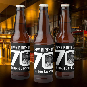 Étiquette Pour Bouteilles De Bière 70e anniversaire nom photo personnalisé noir blanc