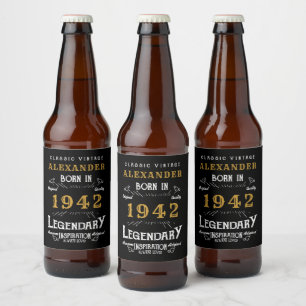 Étiquette Pour Bouteilles De Bière 80e anniversaire personnalisé Né en 1942 Noir Vint