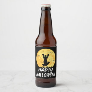 Étiquette Pour Bouteilles De Bière Amusante Lune de chat Noir Joyeux Halloween