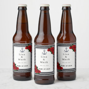 Étiquette Pour Bouteilles De Bière Ancre nautique Mariage Silver Black Stripes
