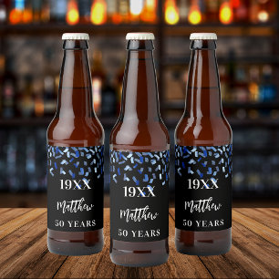 Étiquette Pour Bouteilles De Bière Anniversaire de fête noir marine bleu confetti nom