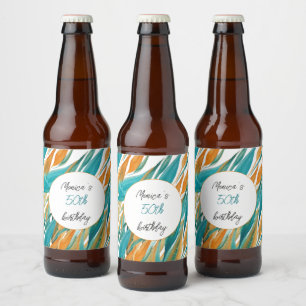 Étiquette Pour Bouteilles De Bière Anniversaire personnalisé Turquoise Orange Aquarel