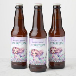 Étiquette Pour Bouteilles De Bière Aquarelle couleur violet sirène 1er anniversaire