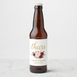 Étiquette Pour Bouteilles De Bière Aquarelle Floral Bourgogne Or Mariage Cheveux