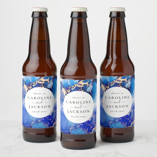 Étiquette Pour Bouteilles De Bière Aquarelle moderne Mariage bleu or (Bouteilles)