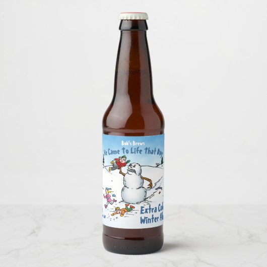 Étiquette Pour Bouteilles De Bière Attaques de Snowman Drôle Cartoon (Devant)