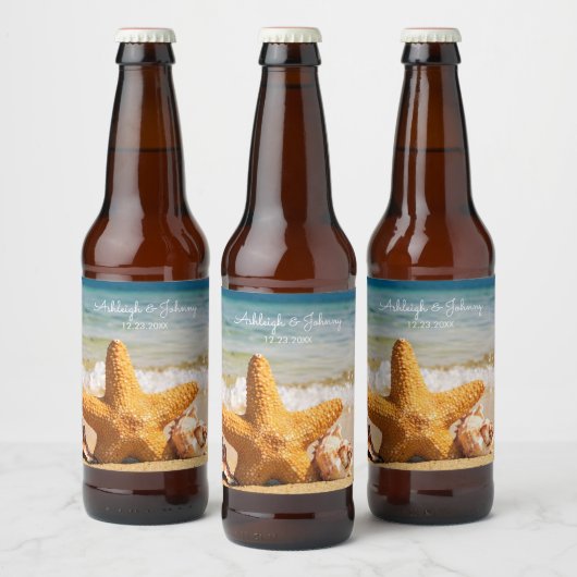 Étiquette Pour Bouteilles De Bière Belle scène de plage avec Mariage Starfish (Bouteilles)