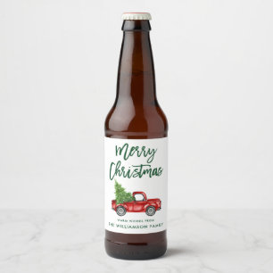 Étiquette Pour Bouteilles De Bière Brosse verte Script Camion Vintage de Noël