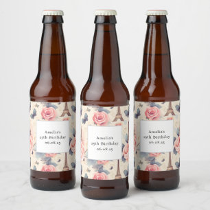 Étiquette Pour Bouteilles De Bière Butterfly Tour Eiffel et Motif Rose Anniversaire