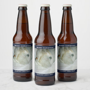 Étiquette Pour Bouteilles De Bière Cheval blanc et oiseau dans une neige hivernale No
