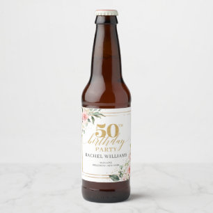 Étiquette Pour Bouteilles De Bière Chic aquarelle bleu fleurs or 50e anniversaire