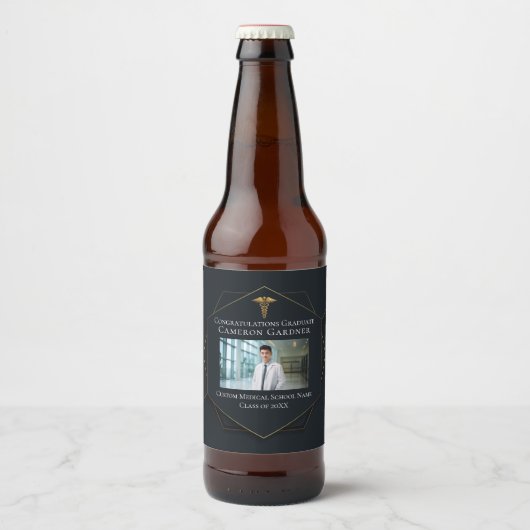 Étiquette Pour Bouteilles De Bière Chic Black Gold Médicale School Graduation Photo (Devant)