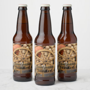 Étiquette Pour Bouteilles De Bière Citrouilles et Roue de la charrette rurale en bois