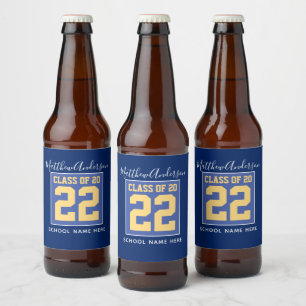 Étiquette Pour Bouteilles De Bière Classe de 2022 Elégant Royal Blue & Gold Graduati