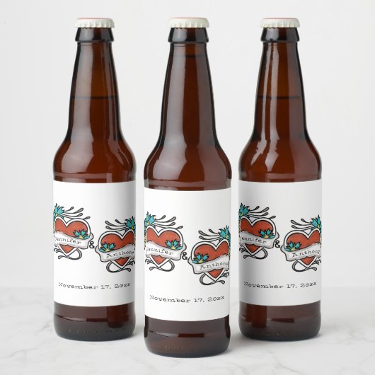 Étiquette Pour Bouteilles De Bière Coeurs tatoués, Mariage graphique de tatouage