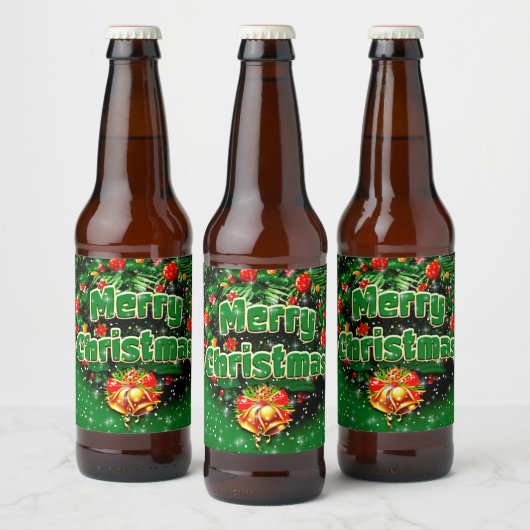 Étiquette Pour Bouteilles De Bière Correspondance Green Joyeux Noël Gold cloches (Bouteilles)