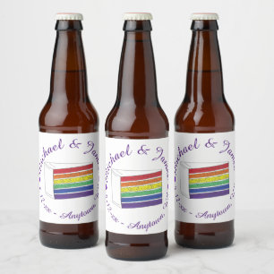Étiquette Pour Bouteilles De Bière Coupe de gâteau Mariage arc-en-ciel Coeur pourpre
