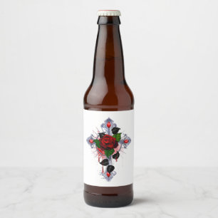 Étiquette Pour Bouteilles De Bière Croix d'argent avec une rose rouge