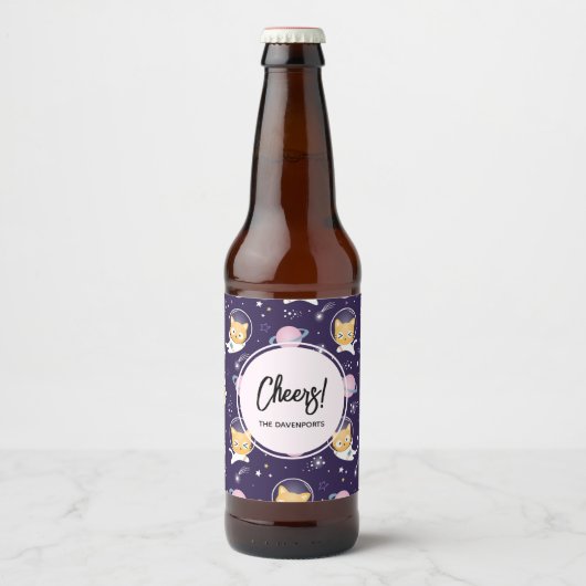 Étiquette Pour Bouteilles De Bière Cute Kitty Chat Astronauts Motif (Devant)