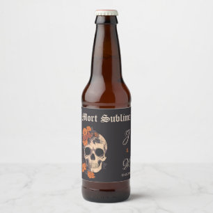 Étiquette Pour Bouteilles De Bière Élégant Crâne Floral Orange Monogramme Mariage biè