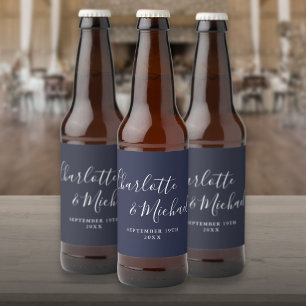 Étiquette Pour Bouteilles De Bière Élégant mariage bleu marine écriture signature