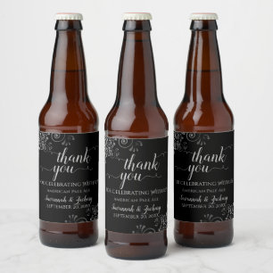 Étiquette Pour Bouteilles De Bière Elégante dentelle d'argent sur Merci Mariage noir