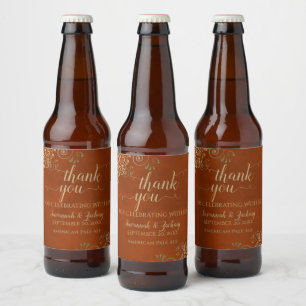 Étiquette Pour Bouteilles De Bière Elégante dentelle d'or sur rouille Orange Merci Ma
