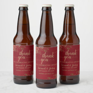 Étiquette Pour Bouteilles De Bière Elégante dentelle or sur Merci Mariage rouge
