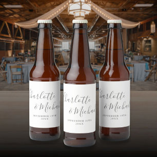 Étiquette Pour Bouteilles De Bière Élégante signature de mariage gris et blanc