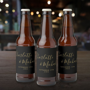 Étiquette Pour Bouteilles De Bière Élégante signature de mariage noir et or