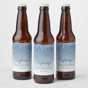 Étiquette Pour Bouteilles De Bière Fête d'anniversaire 21 ans Fun Blue Glitter Drip