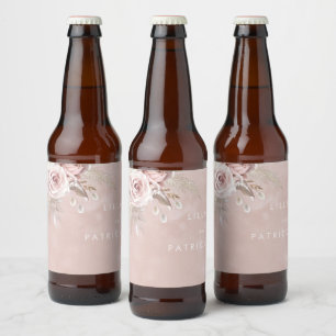 Étiquette Pour Bouteilles De Bière Fleurs Roses poussières Aquarelle Bleu Mariage Eng