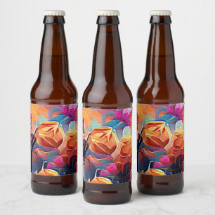 Étiquette Pour Bouteilles De Bière Floral Abstract Art Orange Red Blue Flowers