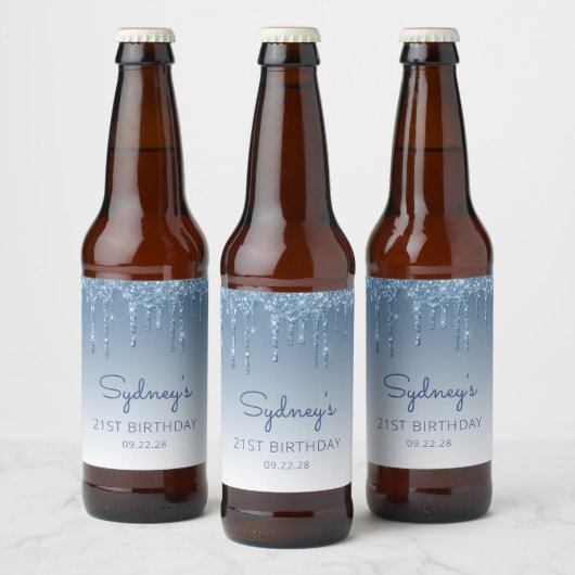 Étiquette Pour Bouteilles De Bière Fun Blue Parties scintillant Drip 21e fête d'anniv (Bouteilles)