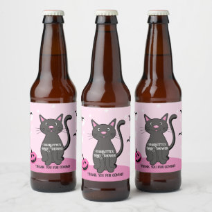 Étiquette Pour Bouteilles De Bière Halloween rose Baby shower fille chatte noir